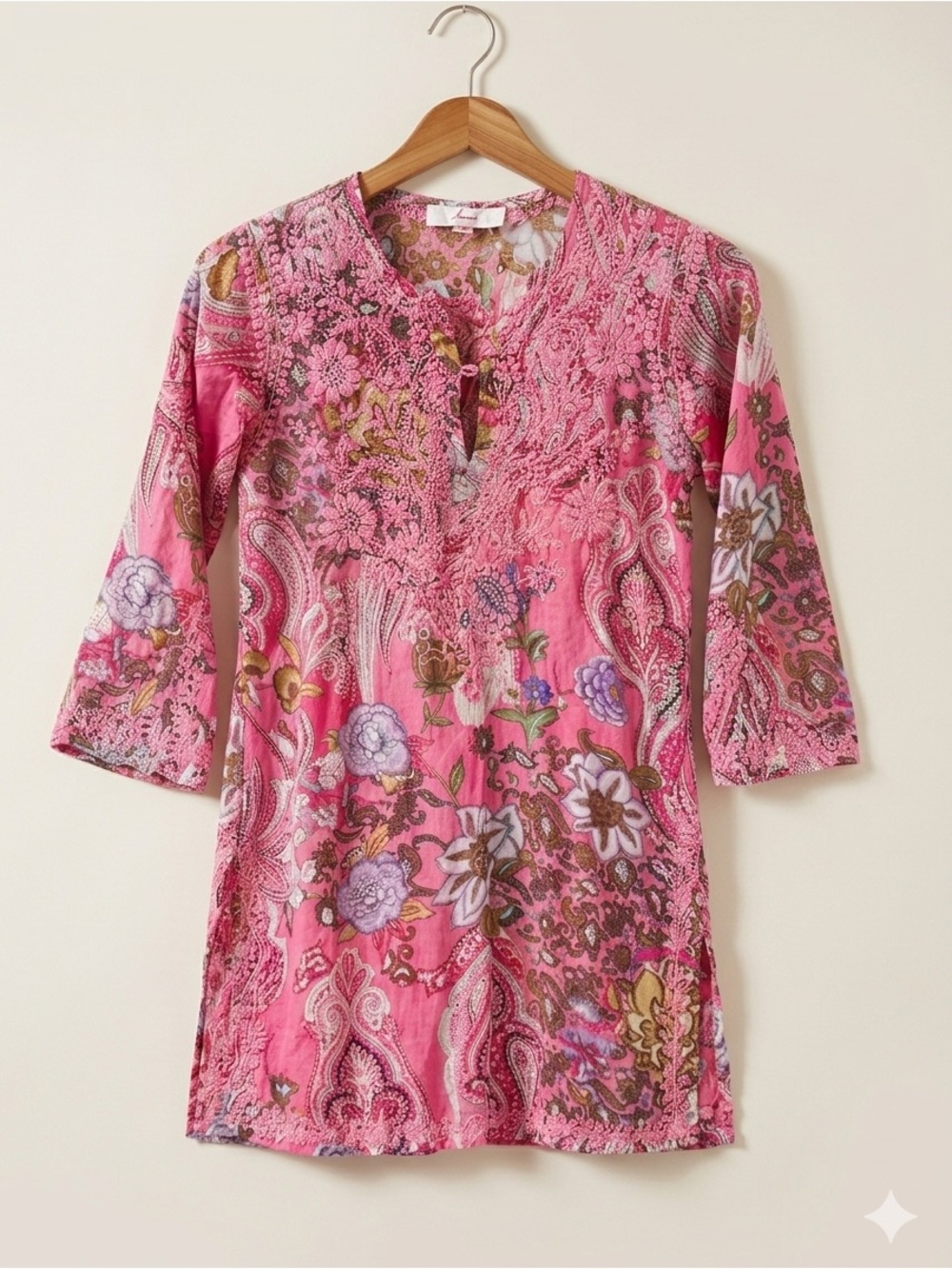 Amaya Pink Paisley Floral Embroidered Cotton Tunic Top Boho